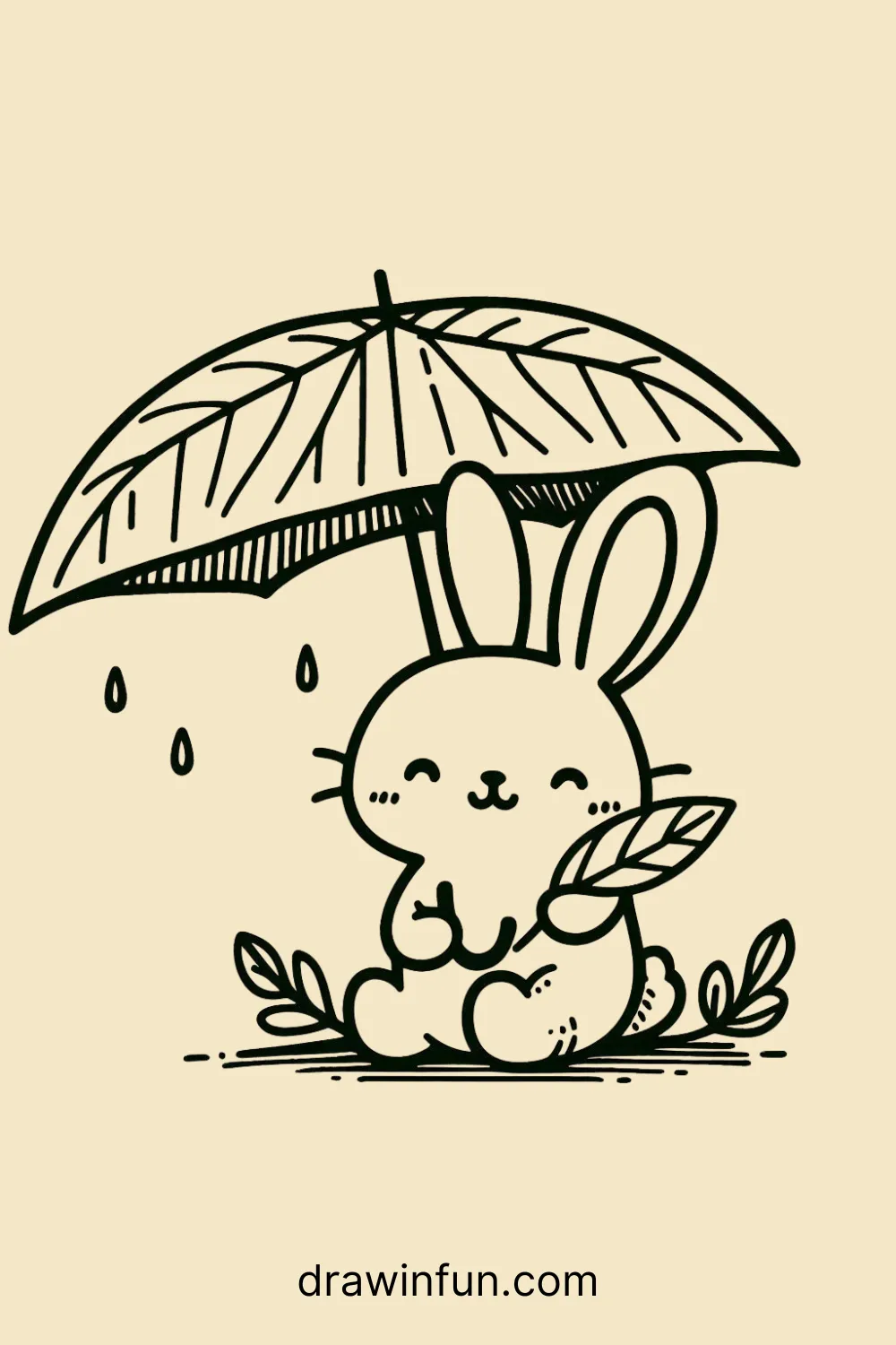 Hare Holding a Leaf Umbrella easy drawing