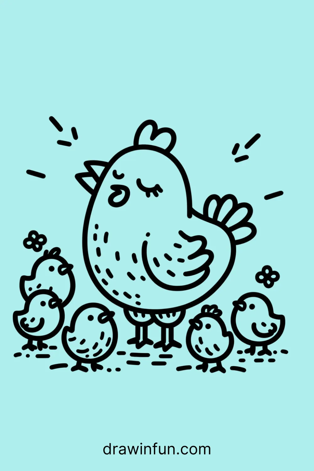 Hen with Chicks easy drawing