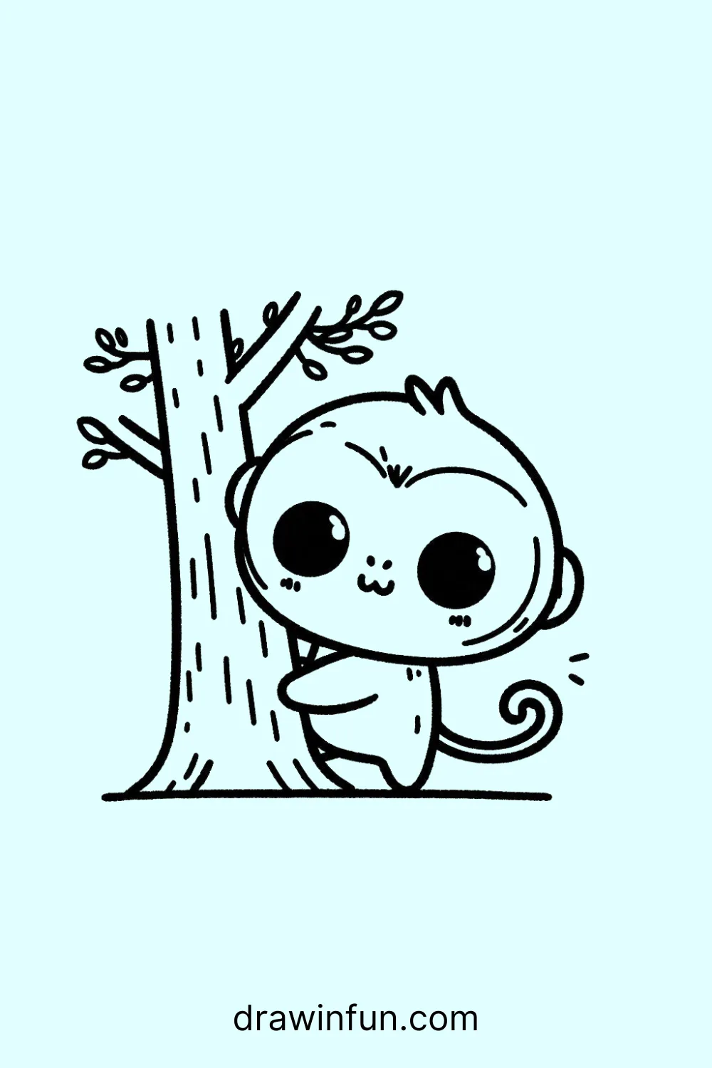 A monkey peeking out from behind a tree easy drawing