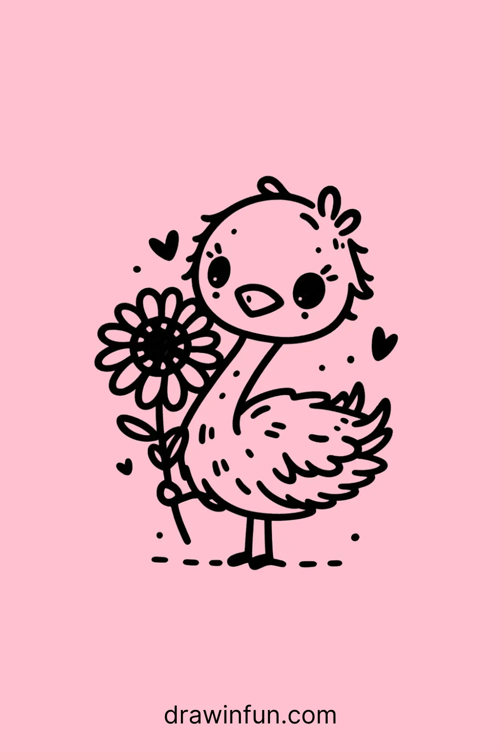 Ostrich holding a sunflower easy drawing