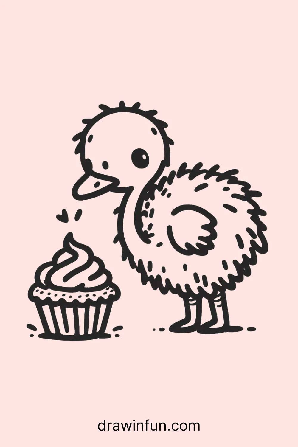 Ostrich looking at a cupcake easy drawing