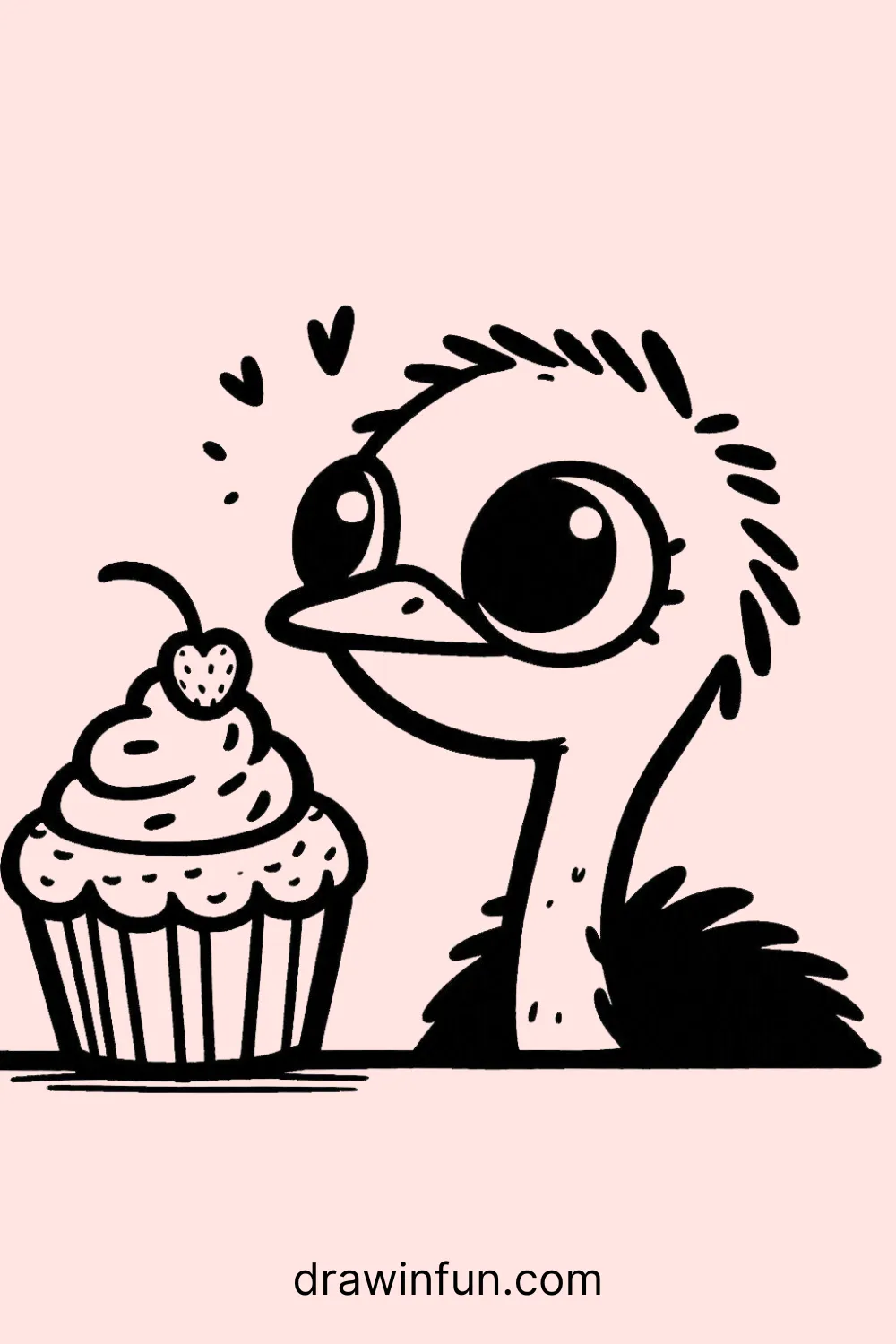 Ostrich looking at a cupcake easy drawing