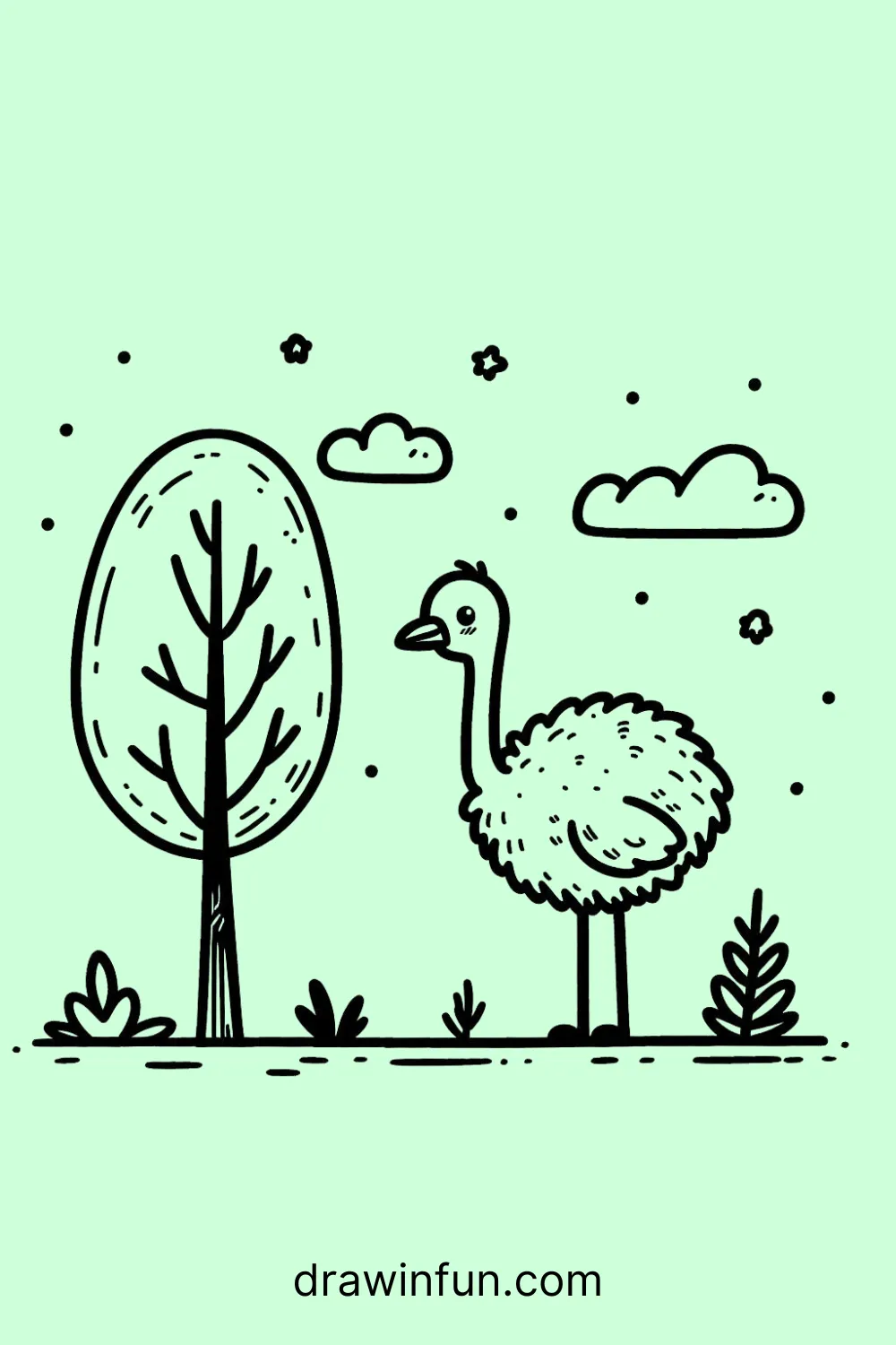 Ostrich standing next to a tree easy drawing