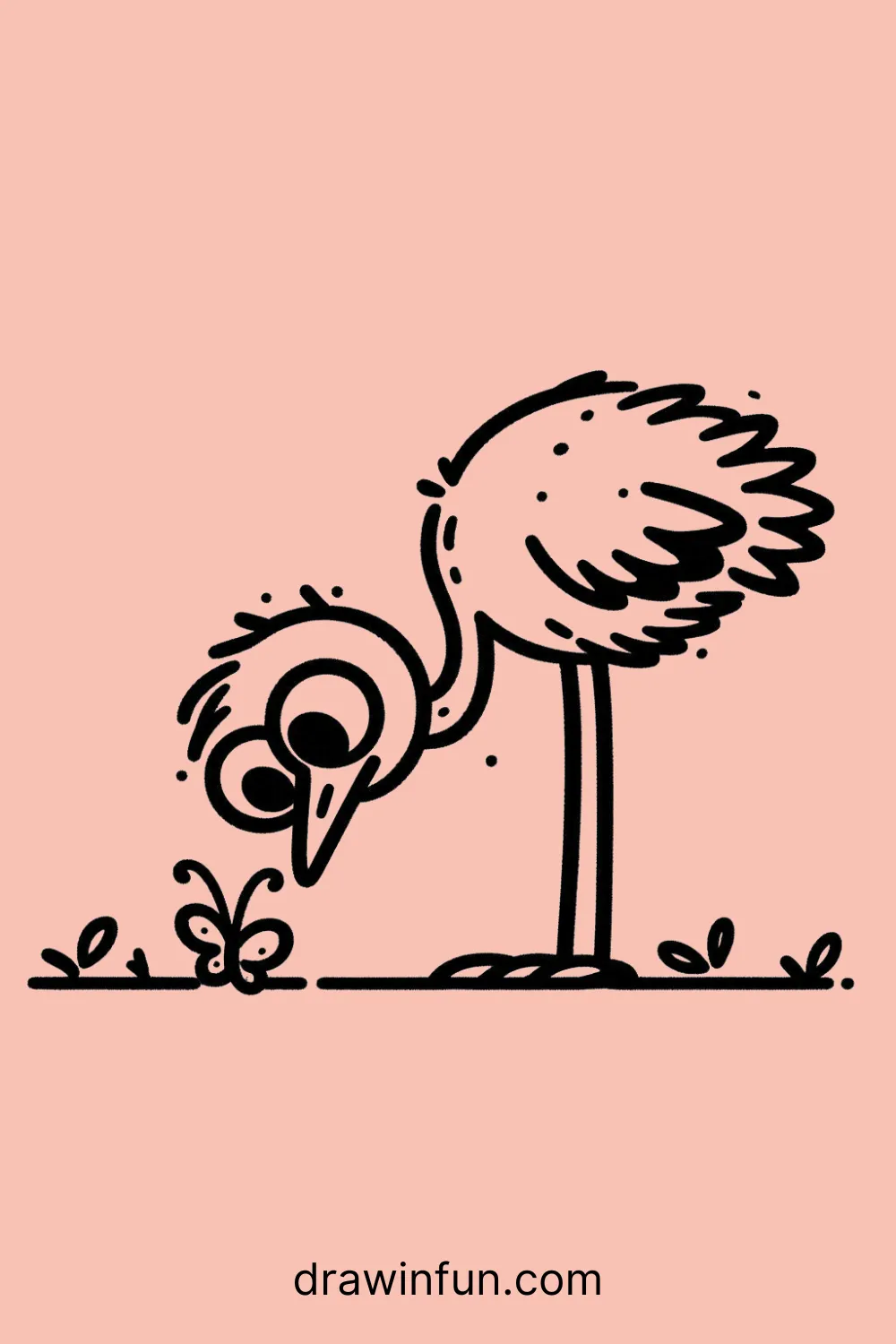 Ostrich watching a butterfly easy drawing