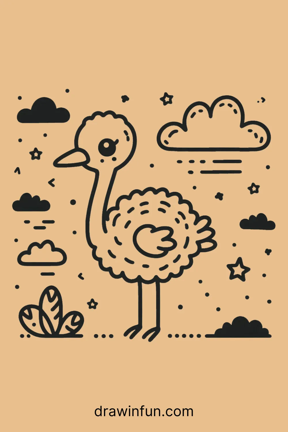 Ostrich with clouds around easy drawing