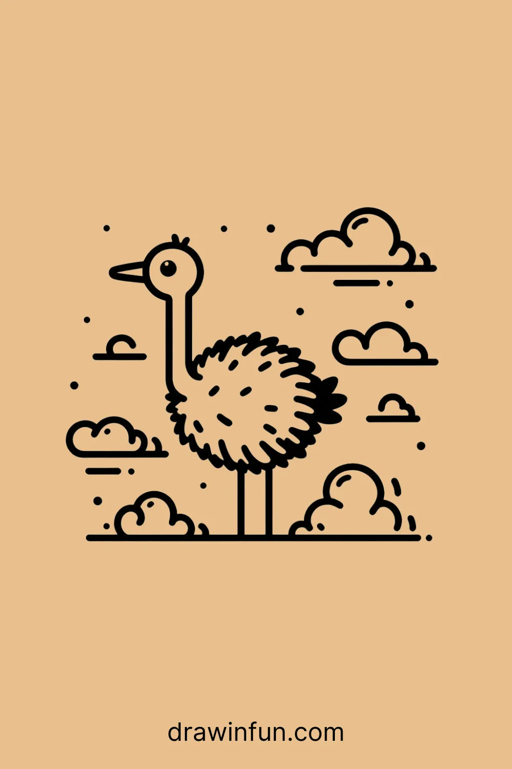 Ostrich with clouds around easy drawing