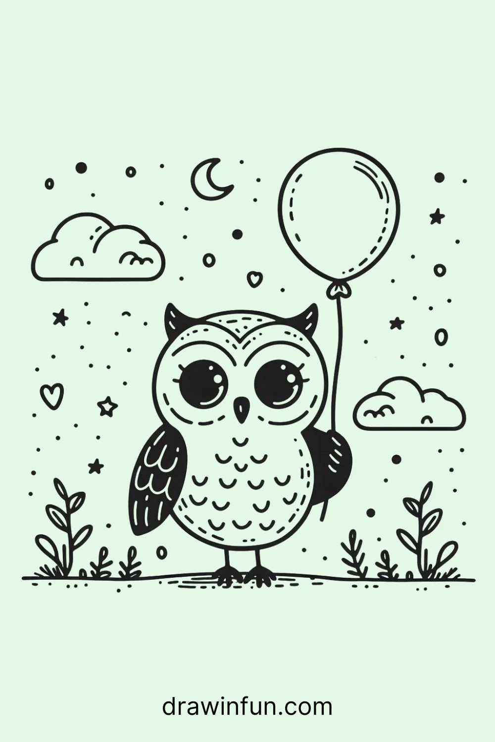 Owl with a Balloon easy drawing