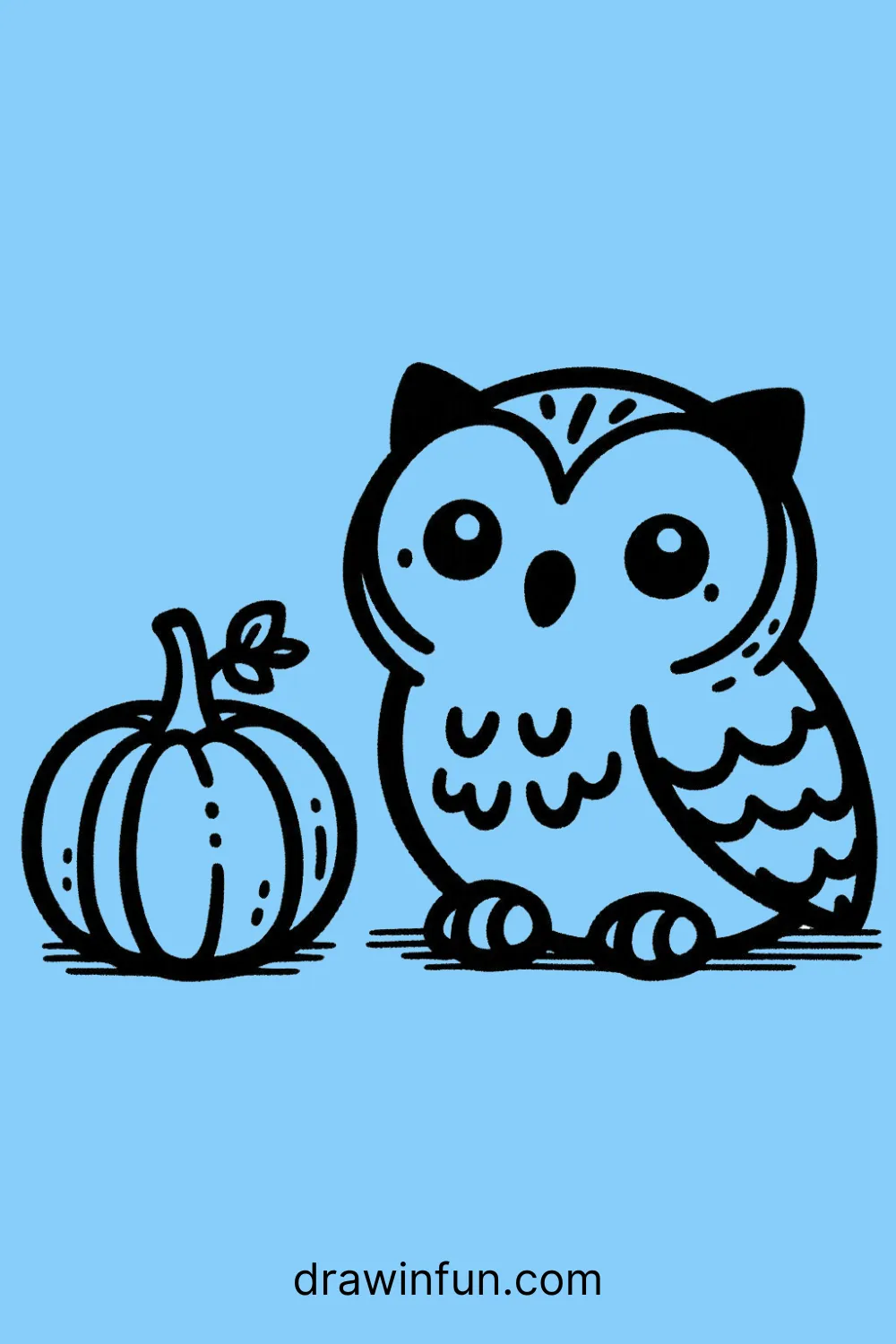 Owl sitting next to a small pumpkin easy drawing