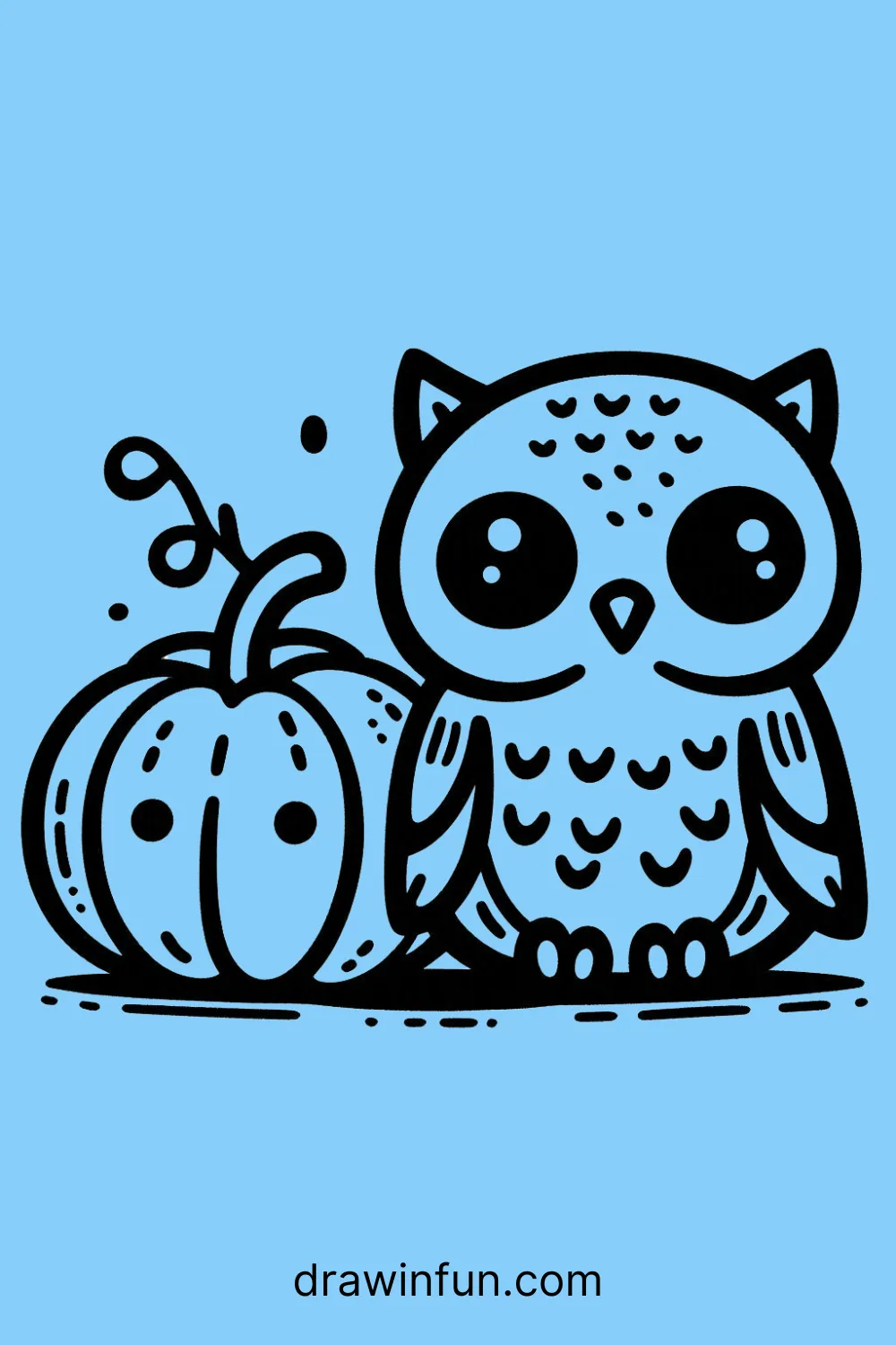 Owl sitting next to a small pumpkin easy drawing