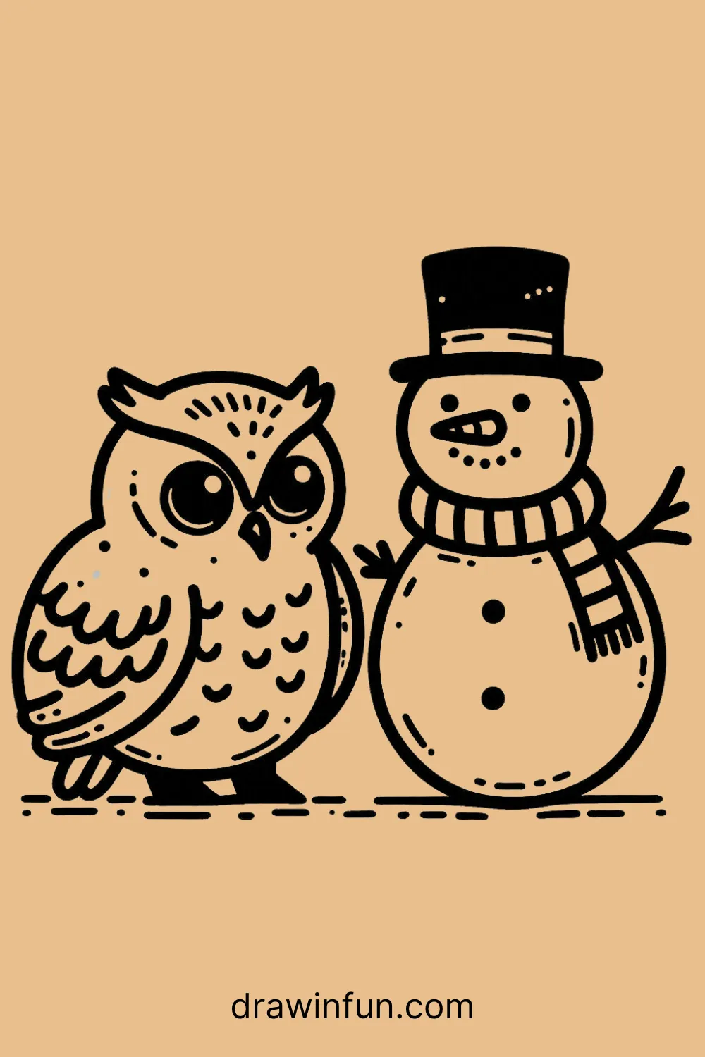 Owl standing next to a snowman easy drawing