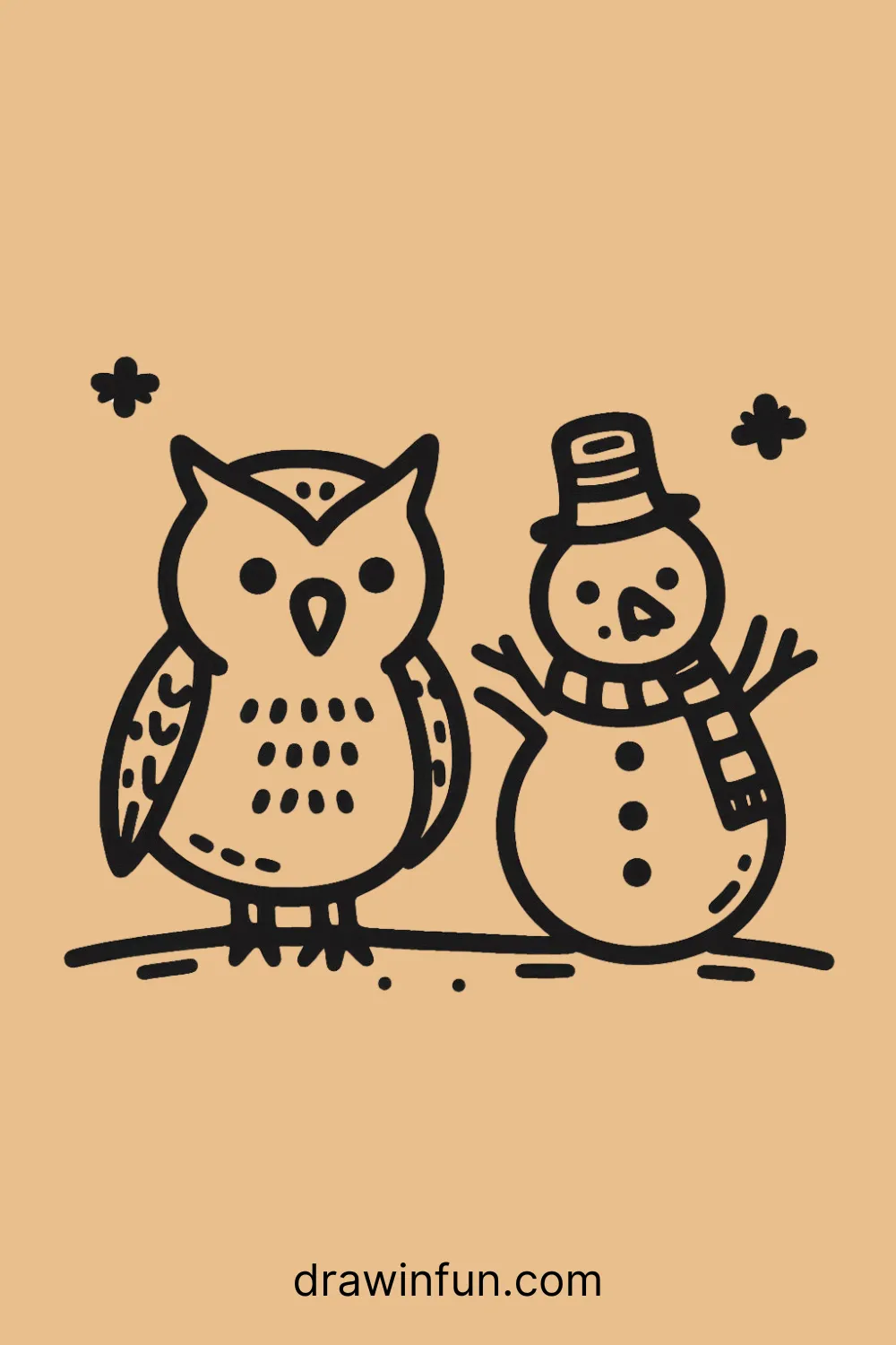 Owl standing next to a snowman easy drawing