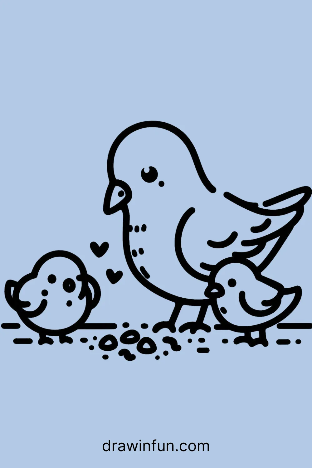 Pigeon and Chicks Pecking at Food easy drawing