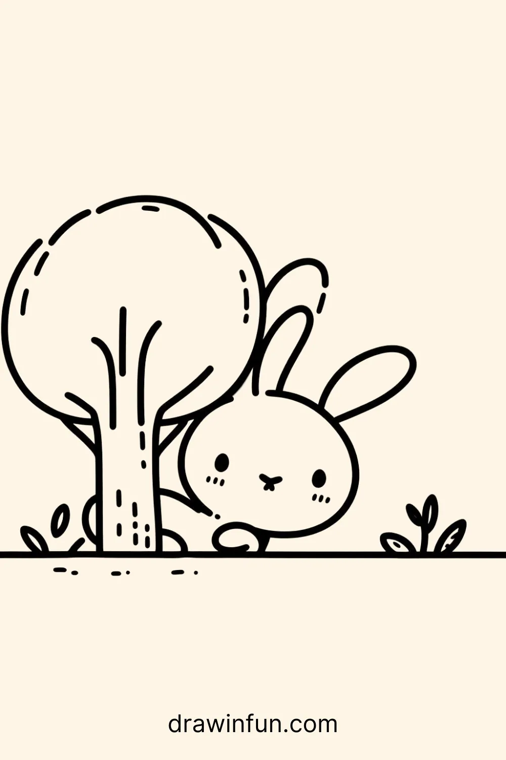 Rabbit peeking out from behind a tree easy drawing