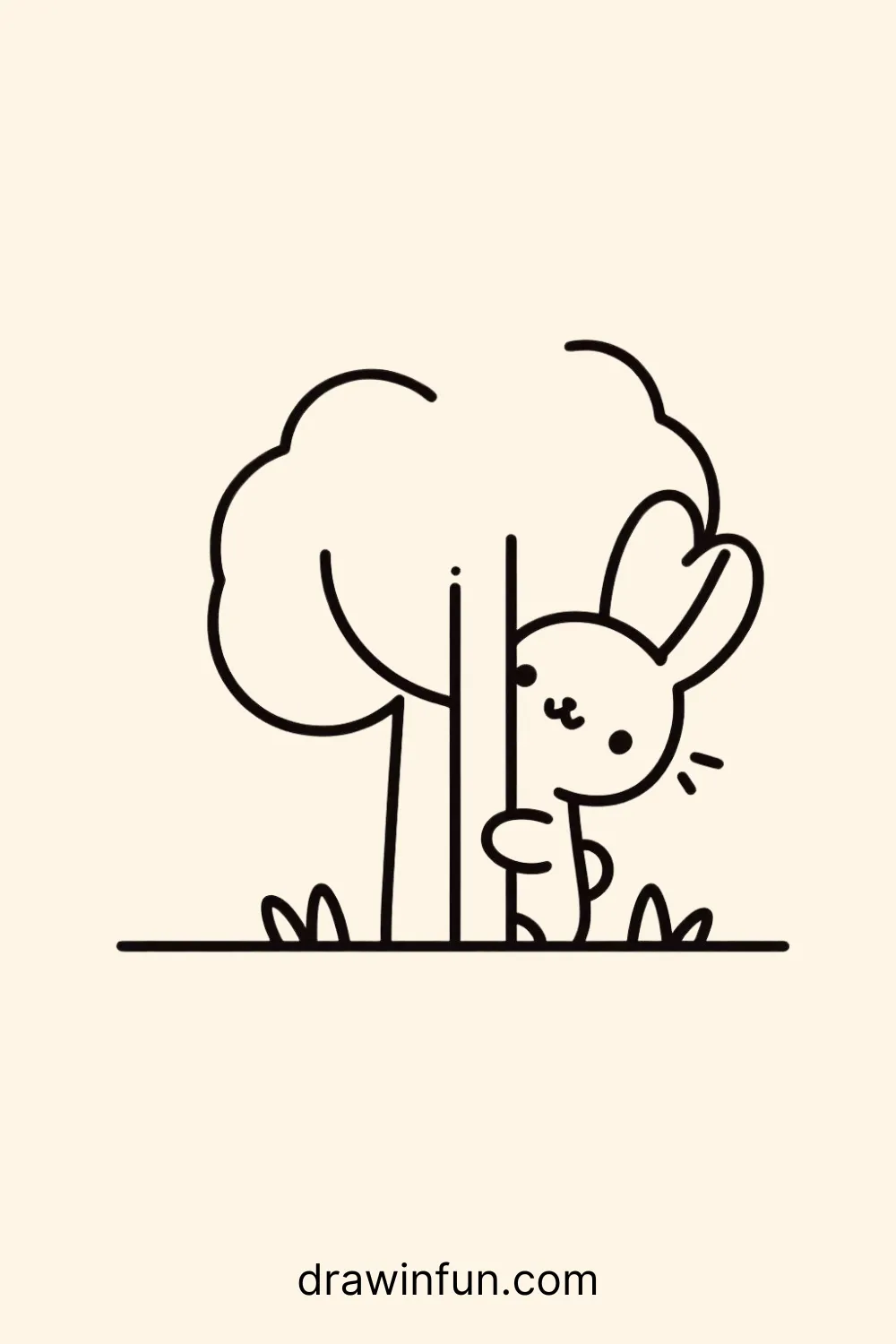 Rabbit peeking out from behind a tree easy drawing