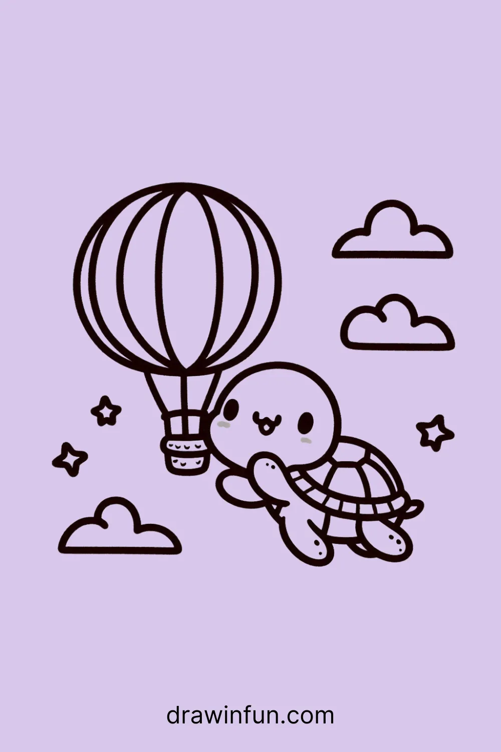 Turtle floating with a hot air balloon easy drawing