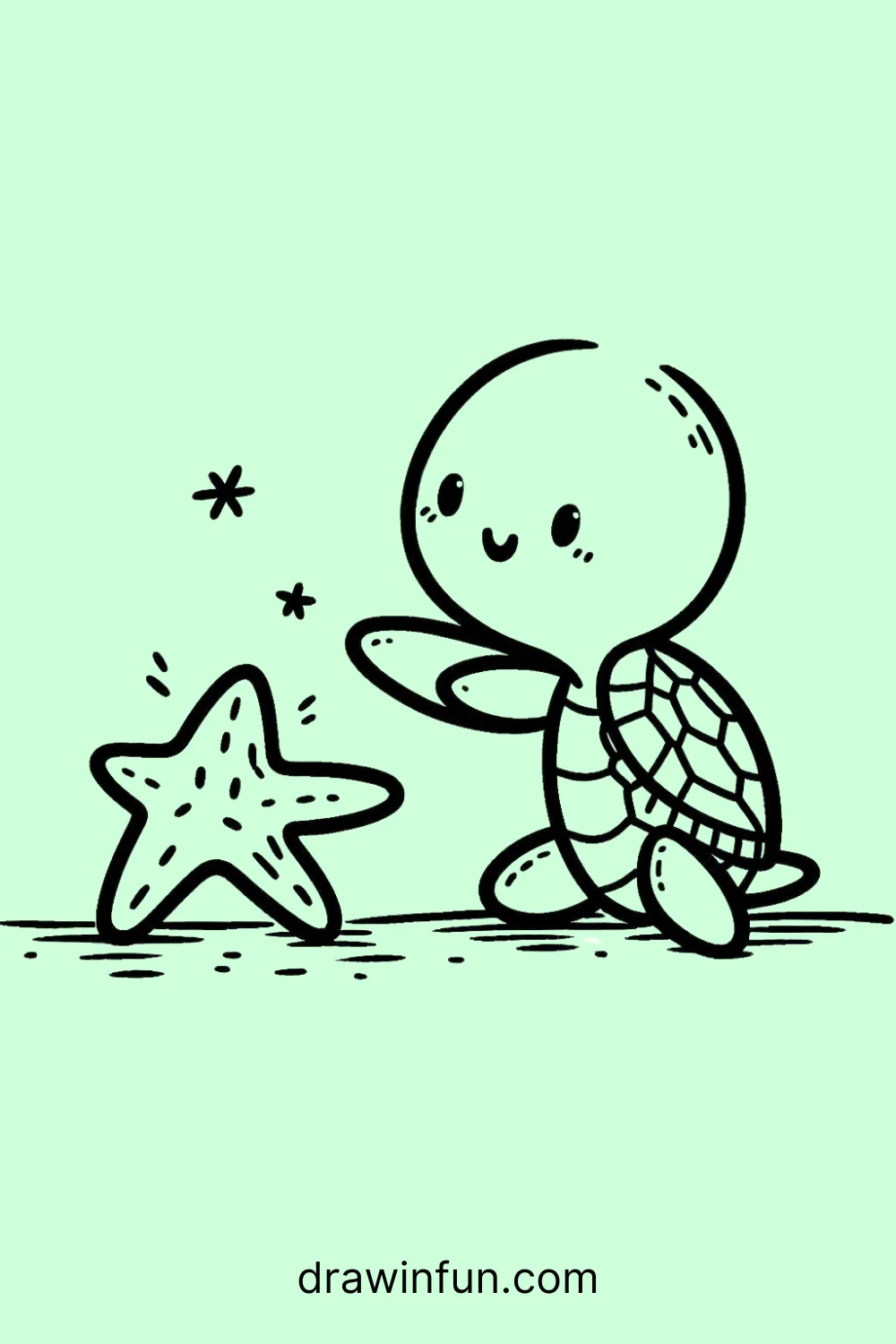 Turtle playing with a starfish easy drawing