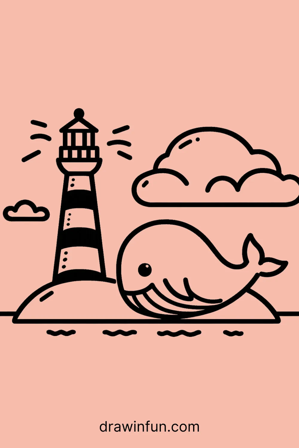 Whale near a lighthouse easy drawing